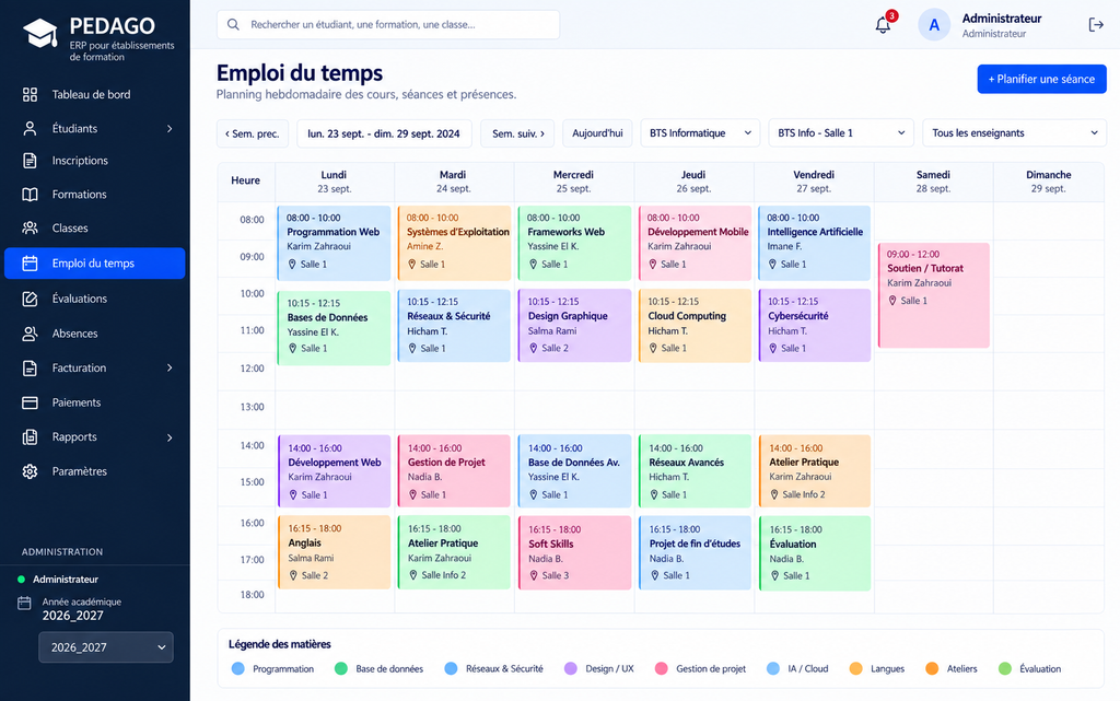 Emploi du temps des formations dans PEDAGO